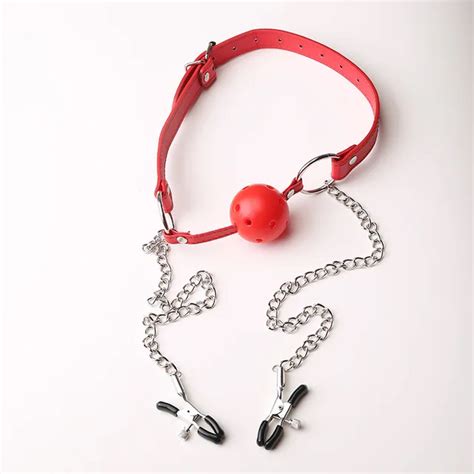 Pu Leather Ball Open Mouth Fetish Gag With Nipple Clamps Sex Erotic