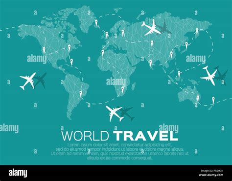 Travel World Map Background In Polygonal Style With Top View Airplane Vector Illustration