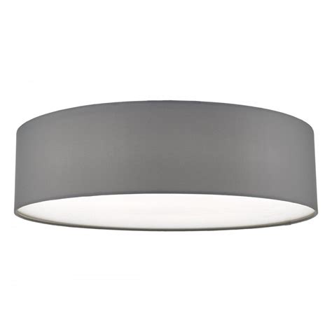 Flush Fitting Grey Cotton Drum Shade Ceiling Light With Diffuser