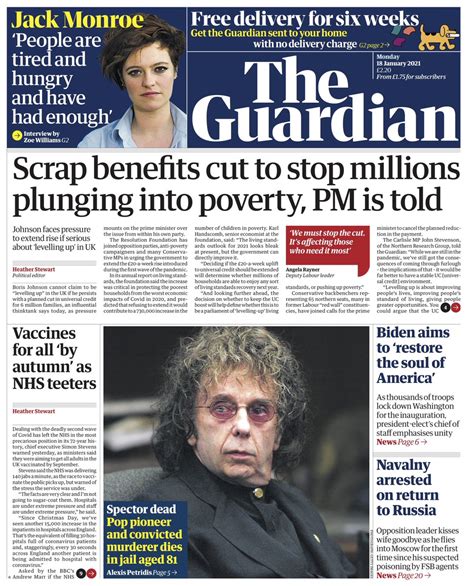 Guardian Front Page 18th Of January 2021 Tomorrows Papers Today