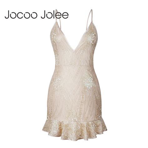 Jocoo Jolee Sexy Deep V Neck Sequined Women Dress Backless Lace Up Slim