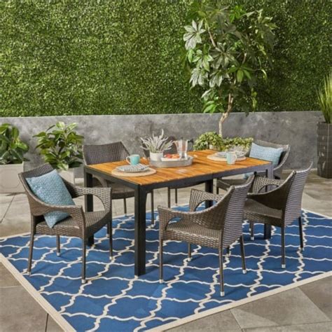 Noble House Ramstead 7 Piece Outdoor Acacia Wood And Wicker Dining Set