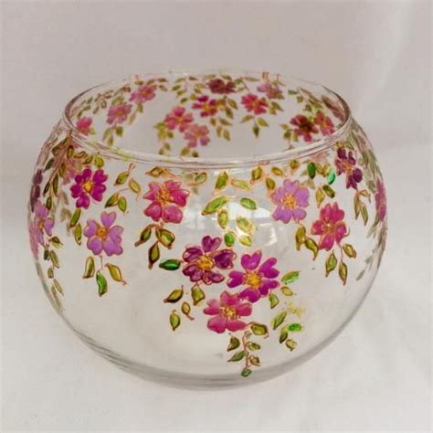 Pink Floral Bowl Glass Candle Bowl Hand Painted Glass Bowl Etsy