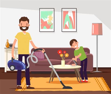Premium Vector Father And Son Cleaning Doing Household Chores