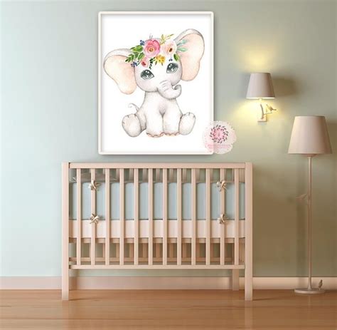 Boho Elephant Wall Art Print Baby Girl Nursery Whimsical Zoo Safari