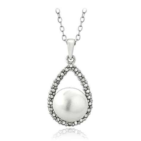 925 Silver Diamond Accent White Freshwater Cultured Pearl Teardrop