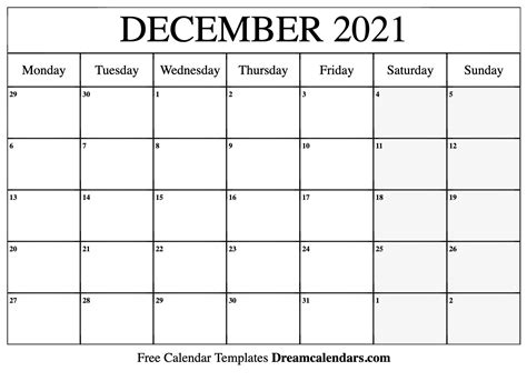 December 2021 Calendar Free Printable With Holidays And Observances