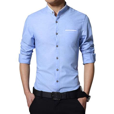 New Fashion Casual Men Shirt Long Sleeve Mandarin Collar Slim Fit Shirt
