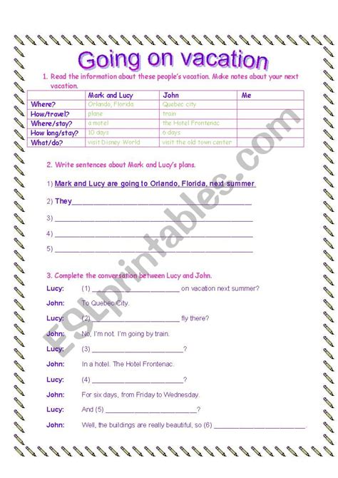 Vacation Esl Worksheet