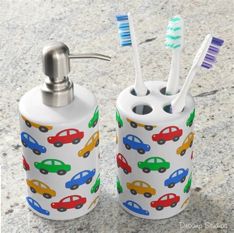 You can use light colors like blue, green, brown nothing beats coastal bathroom decor, which includes vanities, bath mats, shower curtains. CAR BATH SET Toothbrush holder and Soap Dispenser for Boys ...
