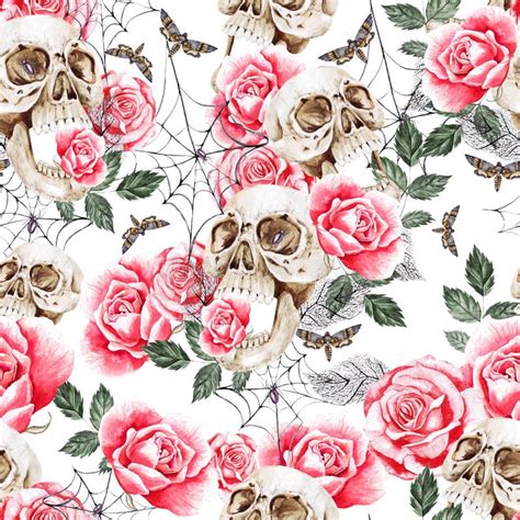 Watercolor Seamless Pattern With Skull And Roses Flowersleaves Stock