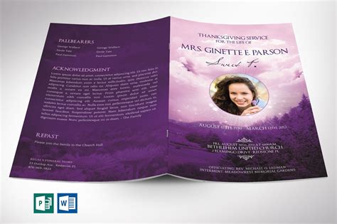Purple Sky Funeral Program Word Publisher Template 8 Pages Print