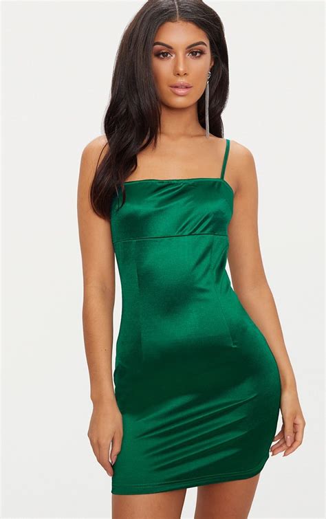 Emerald Green Straight Neck Strappy Satin Bodycon Dress Lace Up Bodycon