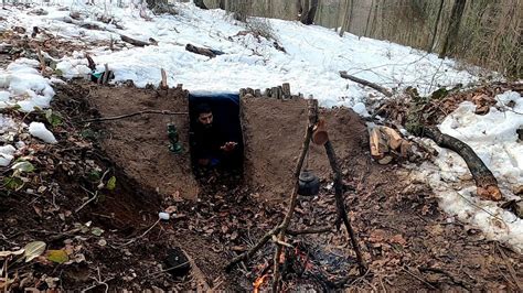 Winter Camping In Underground Bunker Wake Up In Snowstorm Bushcraft Emergency Survival