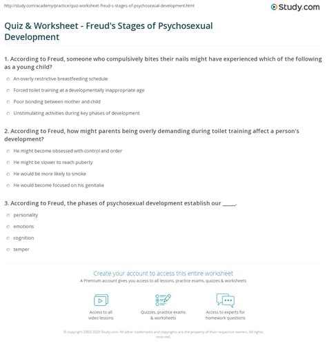 Quiz And Worksheet Freuds Stages Of Psychosexual Development
