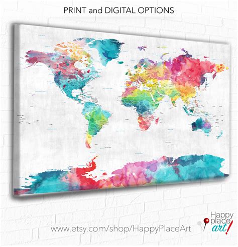 Pretty World Map Pink And Blue Large Colorful Wall Art Personalized