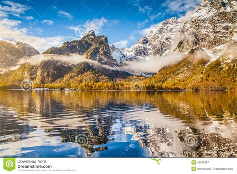 Idyllic Autumn Landscape With Mountain Lake And Alps Stock
