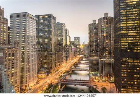 Aerial View Skyline Along Chicago River Stock Photo 1244426557