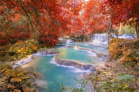 Tat Kuang Si Waterfalls At Laos Featuring Waterfall Blue Lagoon And