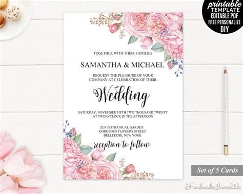 Pink Roses Wedding Invitation Set Printable Floral Wedding Invitation