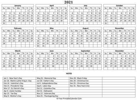 Yearly 2021 Calendar With Holidays Calendar Printables