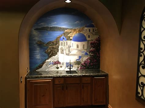 Santorini Greece Mural Hand Painted For A Home Theater In Austin