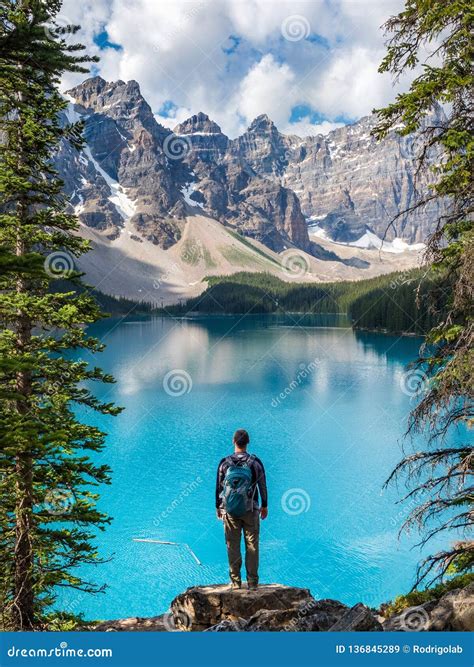 Hiker At Moraine Lake In Banff National Park Canadian Rockies Alberta