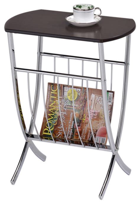 Walnut Chrome Sofa Chairside End Table Magazine Rack Contemporary