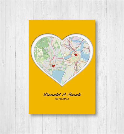 Personalized Wedding Heart Maps Couples Print Wedding T Etsy