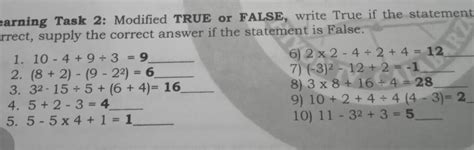 Learning Task Modified True Or False Write True If The Statement
