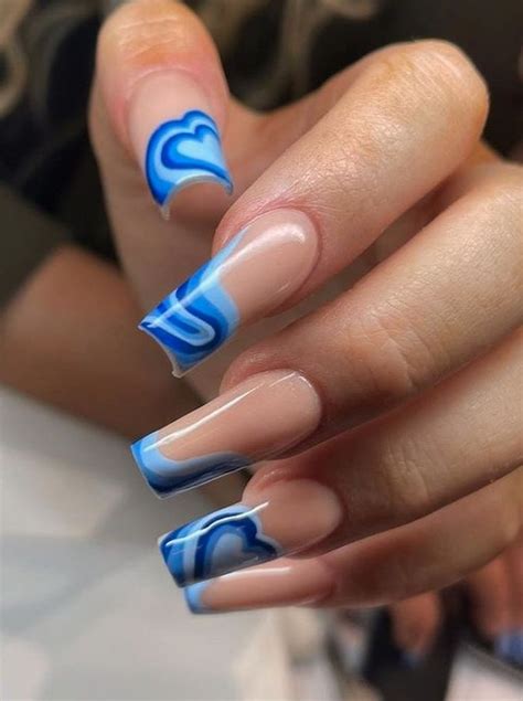 Blue Heart Swirl Nails Y2k Aesthetic Minimalistic Long Acrylic Nails