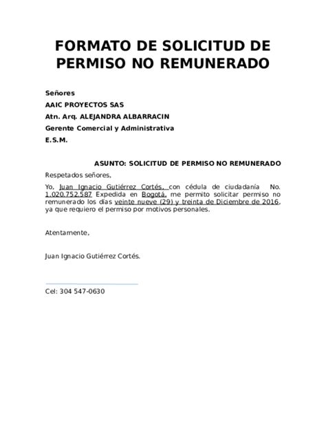 Doc Formato De Solicitud De Permiso No Remunerado Juan Gutiérrez C