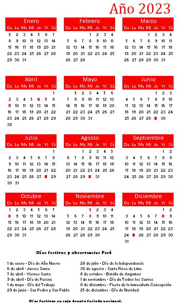 Calendario 2023 Perú Con Días Festivos Calendario Pro