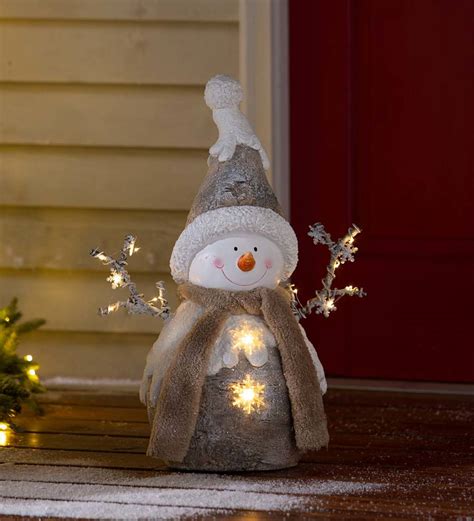 Indooroutdoor Holiday Lighted Woodland Snowman Statue Plow And Hearth