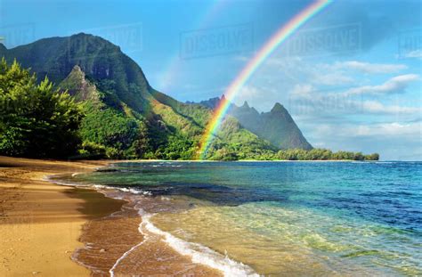 Hawaii Kauai Haena Beach Tunnels Beach Rainbow Over Coastline