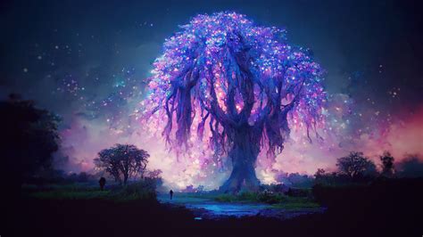 Wallpaper Magic Tree Berpijar Pemandangan Warna Warni Kunang