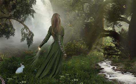 Vert Fille Robe De Fantaisie Dans La Forêt Lapin Blanc Hd