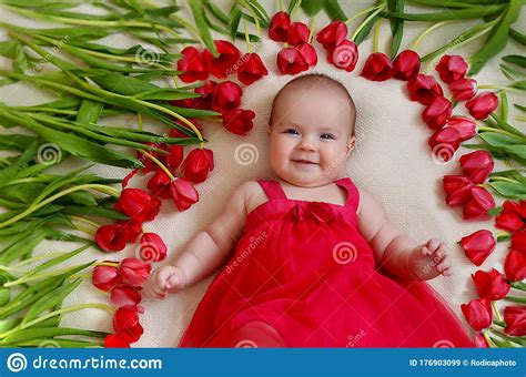 Cute Baby Girl With Flower Tulip Stock Image Image Of Tulip Bright