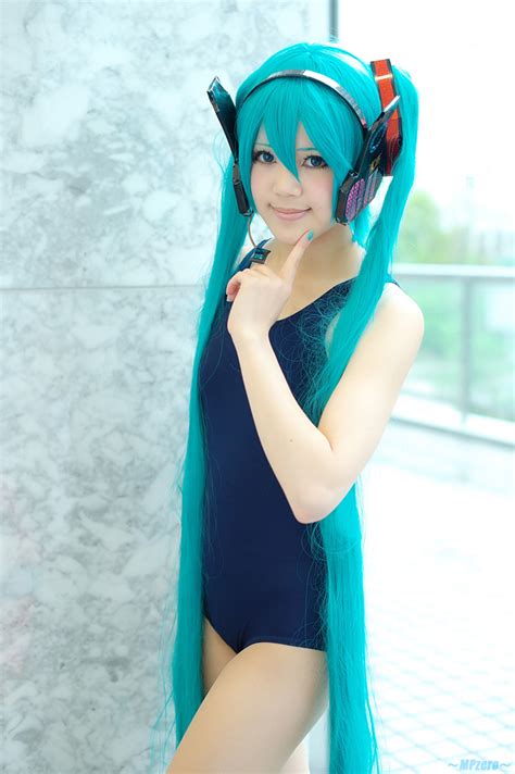 aqua hair cosplay hatsune miku headset one piece swimsuit pantyhose swimsuit twintails utateika