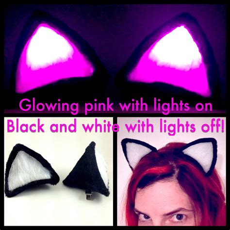 Glowing Pink Clip On Cat Ears Black And White Outfit Costume