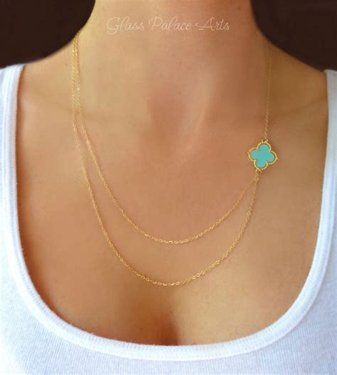 Layered Double Strand Turquoise Necklace Asymmetrical Sideways Charm