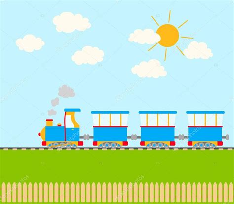 Tren De Dibujos Animados En Ferrocarril Cielo Con Nubes Y Sol Una Valla Vec — Vector De Stock