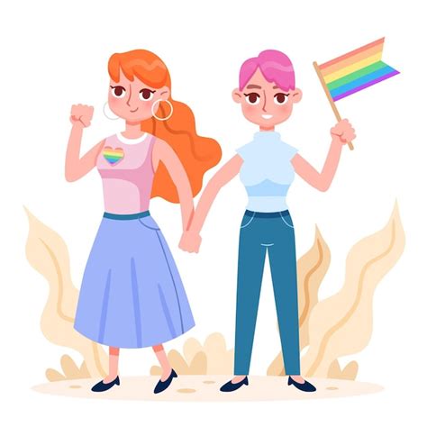 Free Vector Cute Lesbian Couple With Lgbt Flag Illustrated