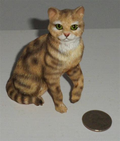 Brown Tabby Cat Figurine Has Green Glass Eyes Carved Into Realistic