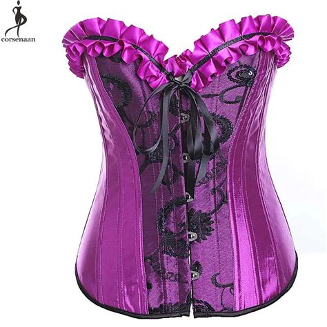 purple overbust corset satin corsets plastic boned ruffles border korset plus size 6xl women