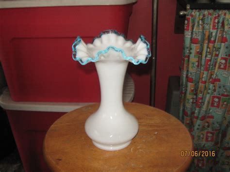 Vintage Fenton Aqua Crest Milk Glass Ruffled Edge Vase Antique Price Guide Details Page