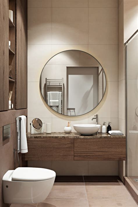 Round Bathroom Mirror Above Stone And Wood Bathroom Vanity Interior