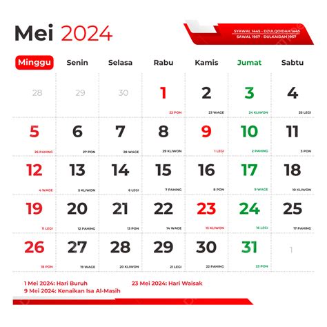 Kalender Mei Lengkap Dengan Tanggal Merah Hari Libur Dengan Jawa Dan Hijriyah Vektor