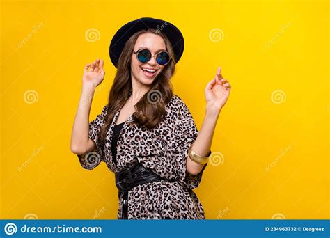 Photo Of Charming Young Happy Funky Woman Wear Sunglass Hat Dance