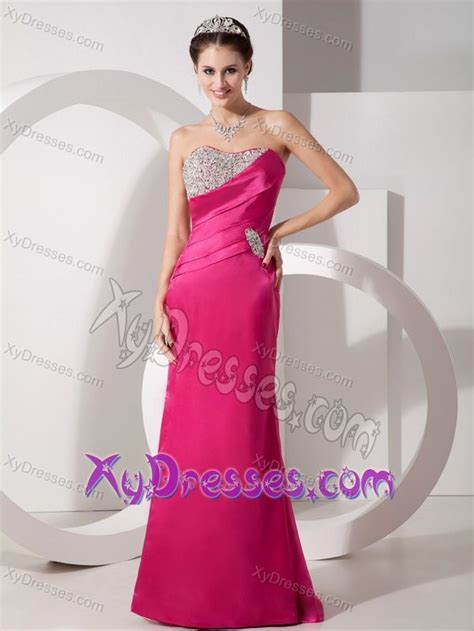 Hot Pink Column Beaded Sweetheart Satin Semi Formal Prom Dress With Ruche Satin Evening